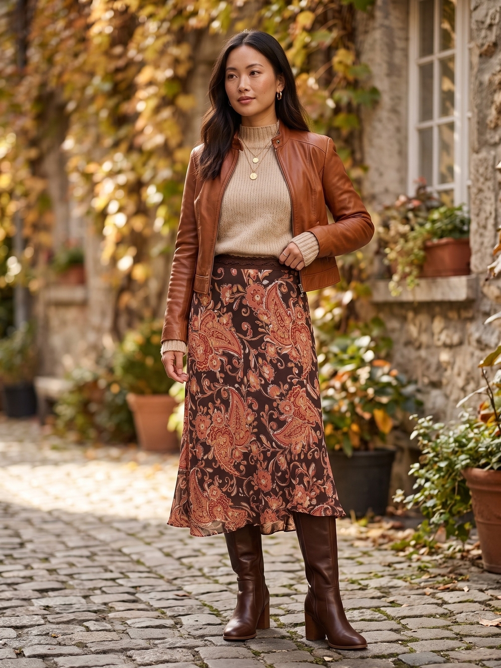 Vintage Boho Paisley Ruffle Midi Skirt Brown Whimsigoth Cottagecore Prairie Fall
